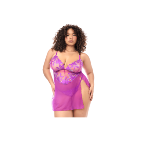 Babydoll grande taille en résille brodée florale et string 